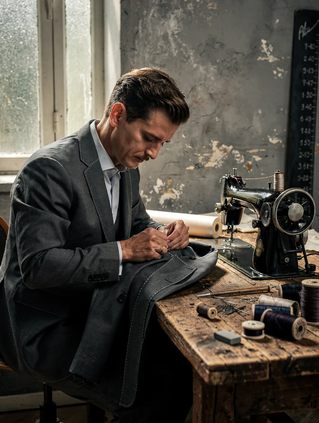 Master tailor measuring premium wool fabric in workshop atelier