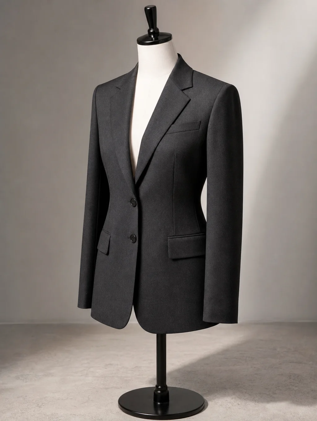 Rear double vent construction of tailored navy blazer