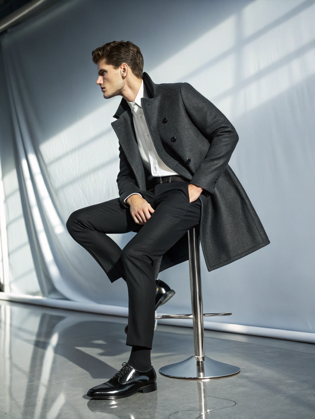 Model wearing Obsidian Navy tailored suit jacket in daylight studio